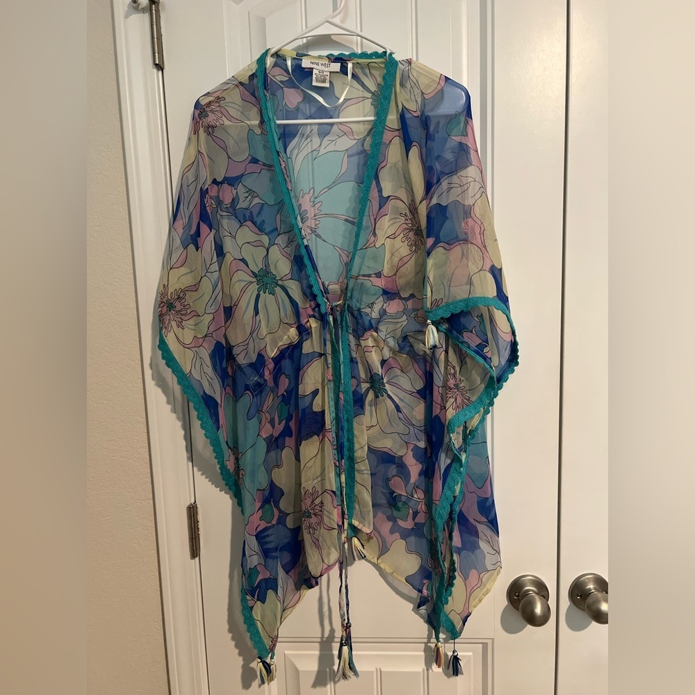 Nine West Floral Sheer Kimono with Teal Trim Swim Cover Up - Picture 4 of 7